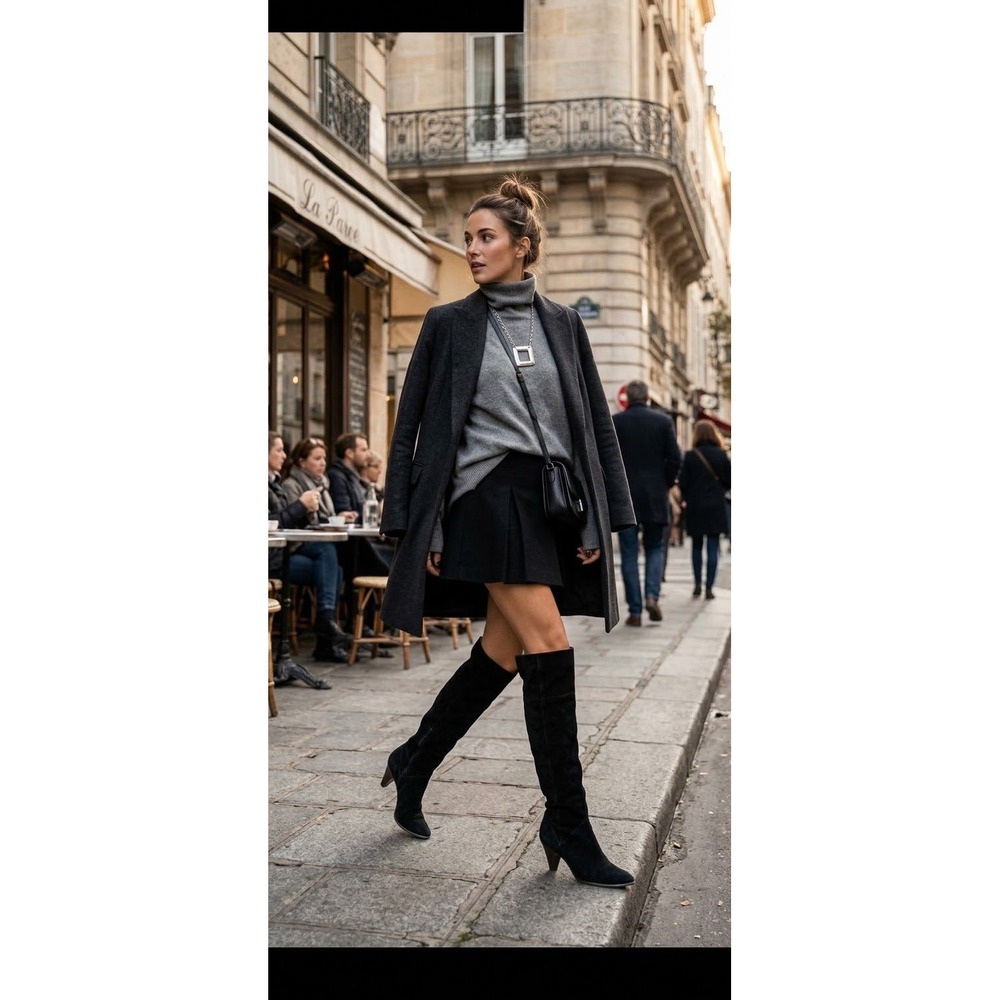 Chaps Black Suede Over The Knee Boots Pointed Toe Stacked Heel Tall Boots